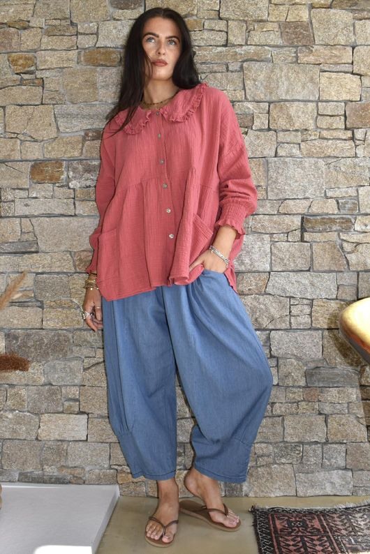 Annie Cushion Cotton Peter Pan Smock Blouse Rhubarb Rose